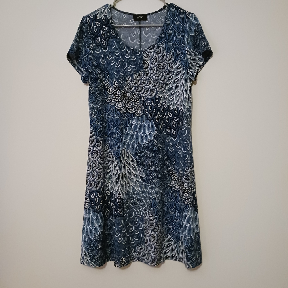 MSK Blue Paisley Dress Beachy Boho Coastal Grandma
